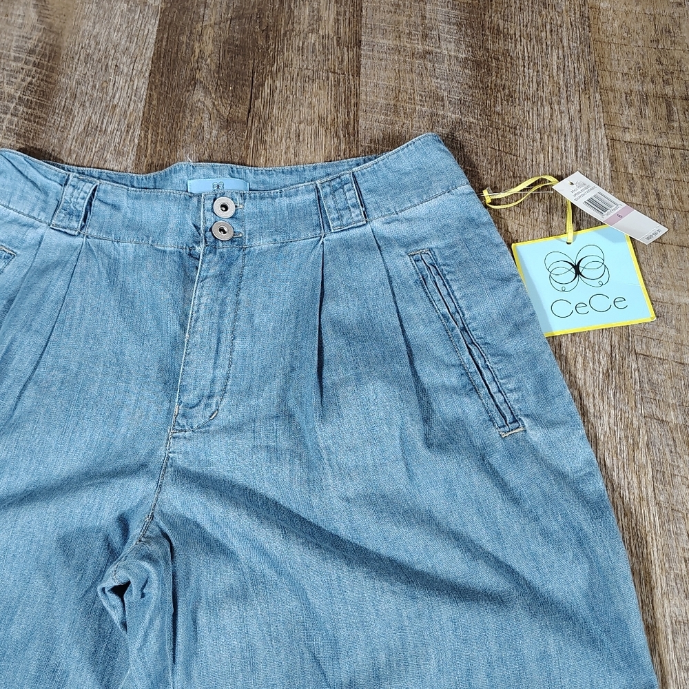 CeCe Pleated Tie Waist Cropped Denim Pants Womens Size 6 NWT - Picture 3 of 9